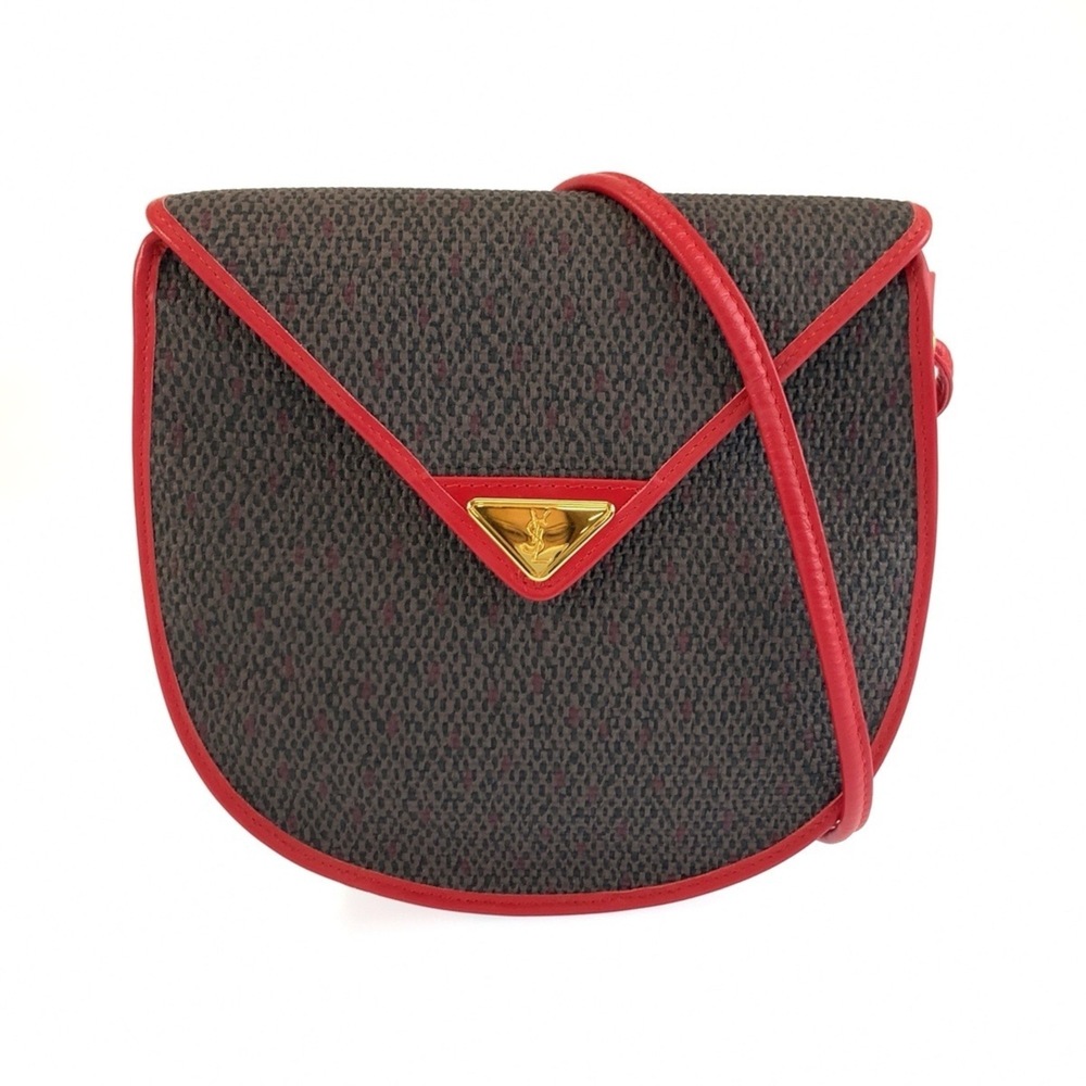 YVES SAINT LAURENT Vintage YSL Red Gray Gold Hardware Leather Shoulder Bag Po...